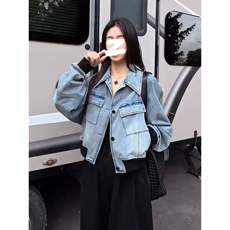 2025新款美式高街时尚百搭翻领牛仔外套女宽松休闲复古夹克短上衣