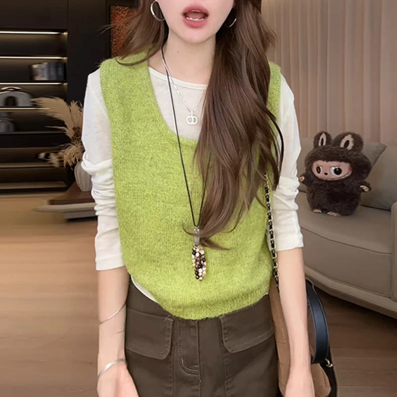 2025秋季新款小众洋气背心纯色长袖两件套女减龄通勤显瘦百搭衣服