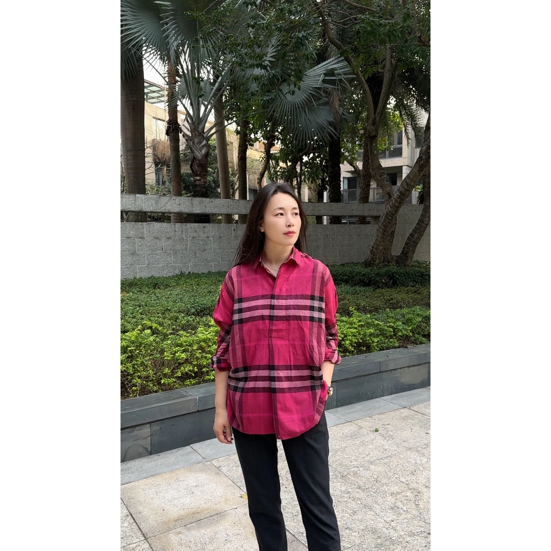 新款复古格子气质宽松翻领套头半开襟长袖衬衫MA5SYDZ0288