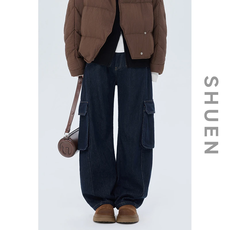 束恩水洗口袋阔腿工装长裤春秋2025年新款深蓝色高腰宽松牛仔裤女