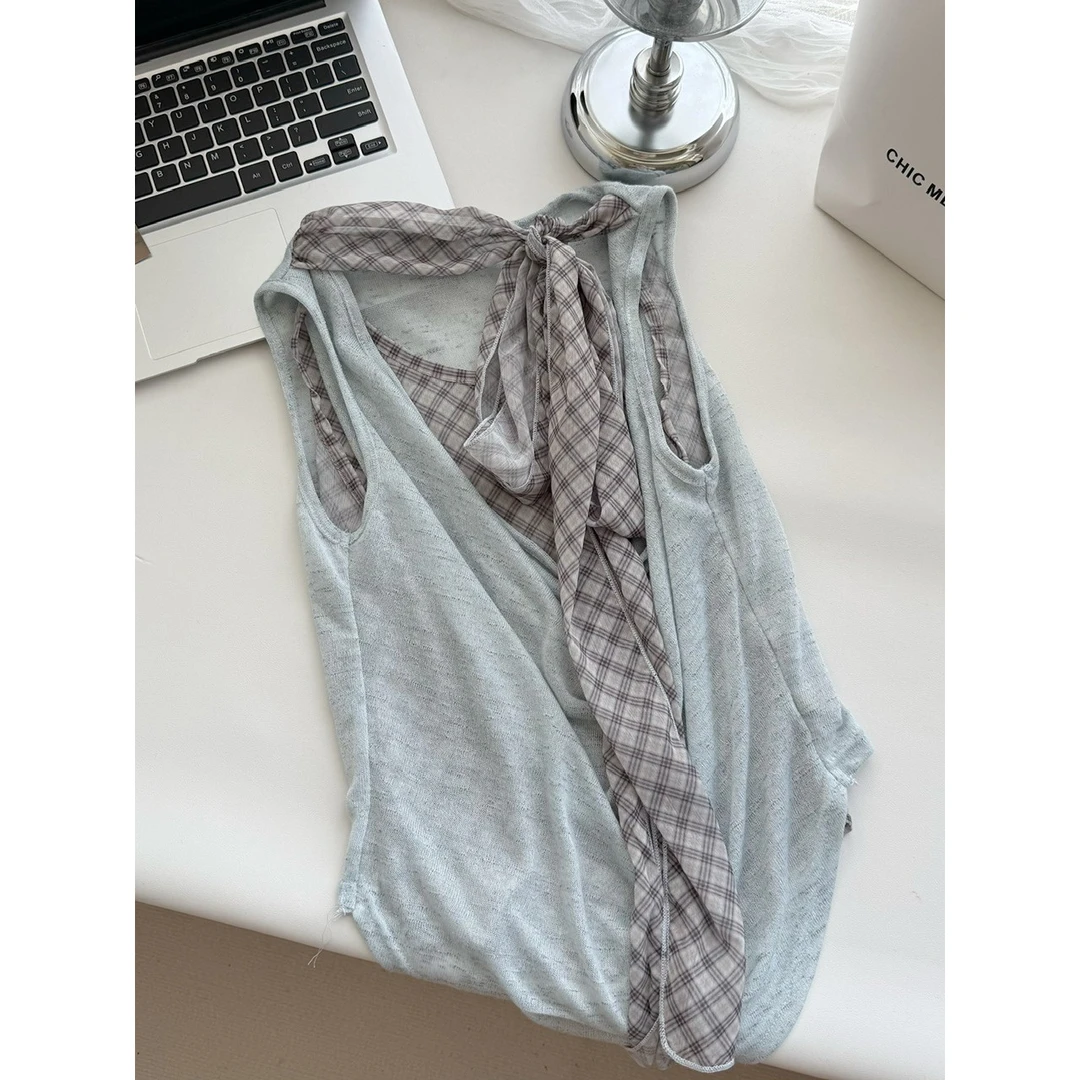 LUCKYMAN设计慵懒风格纹辣妹荡领假两件无袖露肩上衣短袖T恤女