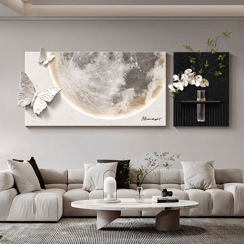现代轻奢高级感黑白客厅装饰画月球壁画沙发背景墙挂画立体砂岩画
