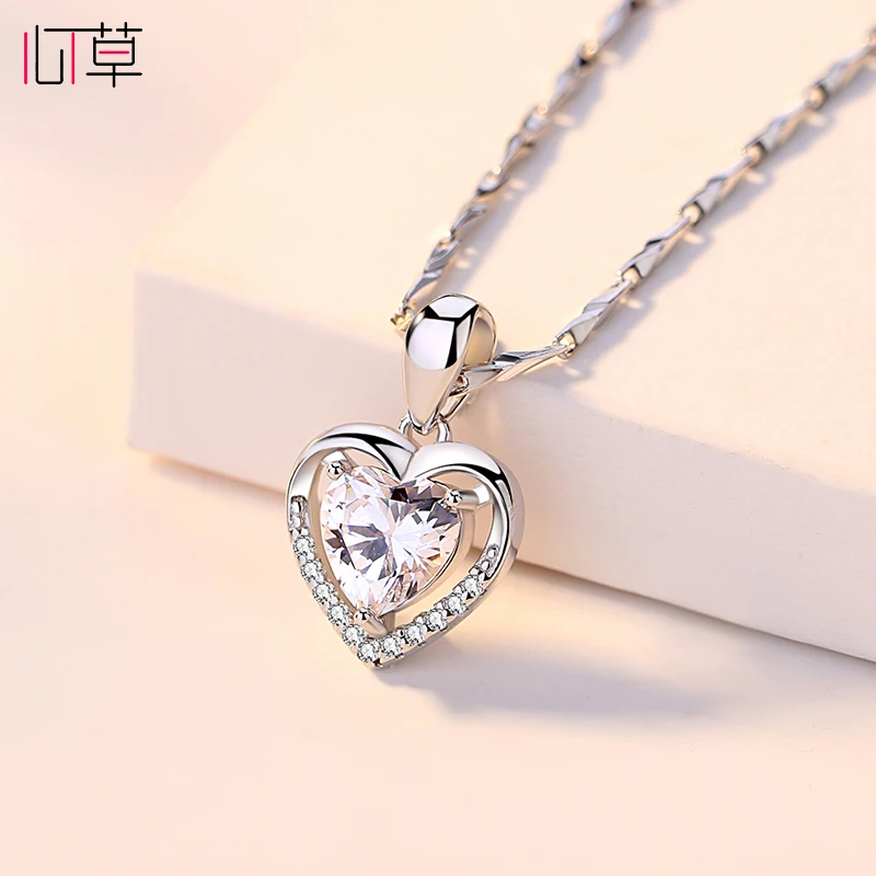 心草 坠链均足银合成锆石 999纯银爱心项链女跳动的心送女友礼物