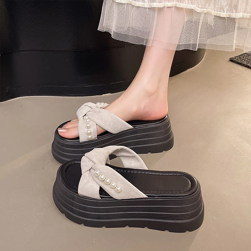 厚底珍珠拖鞋女时尚外穿2025夏季新款百搭增高7cm蝴蝶结松糕凉拖