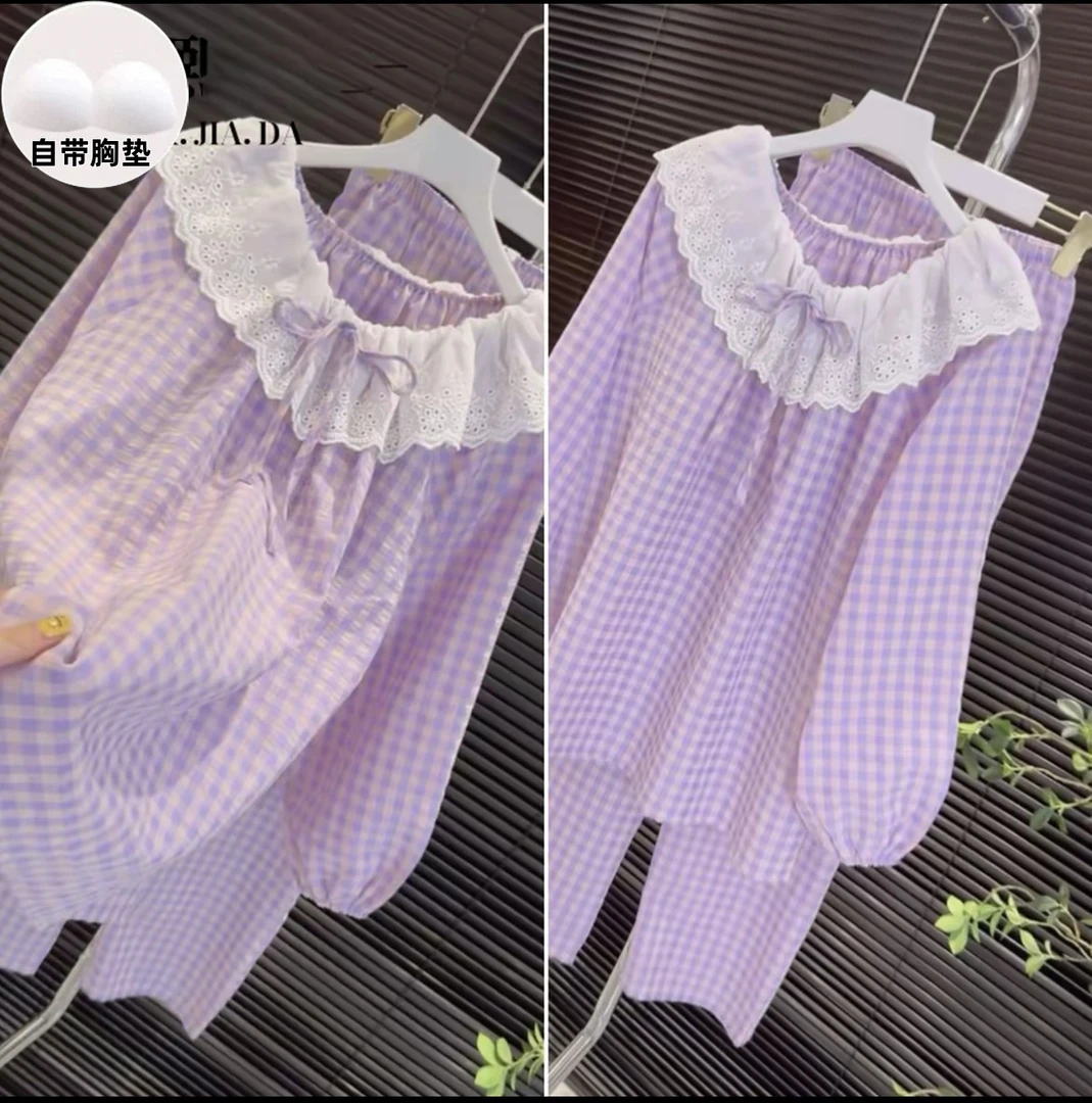 100%睡衣简约韩版网红ins云朵棉带胸垫睡衣女春秋5A小清新家居服