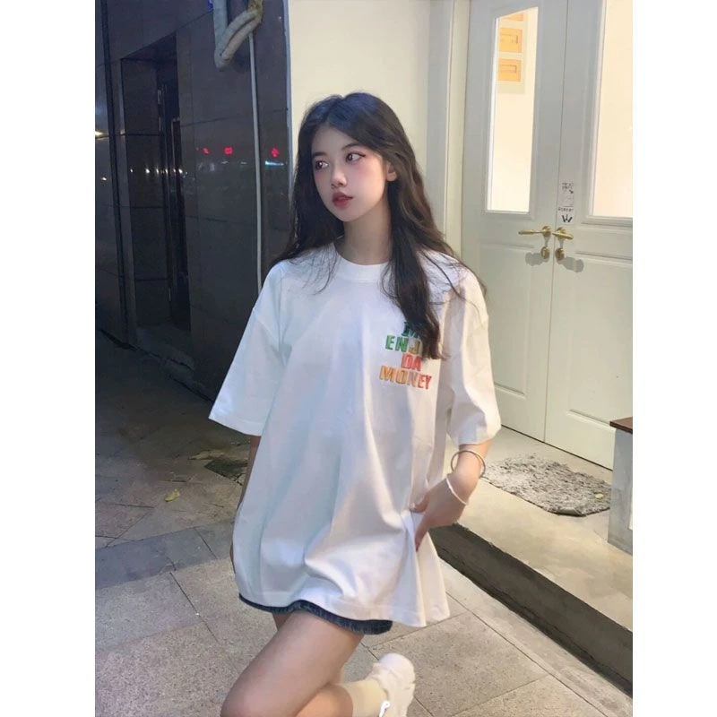 【万针刺绣】超好看的夏季2025新款字母刺绣短袖T恤女宽松ins上衣