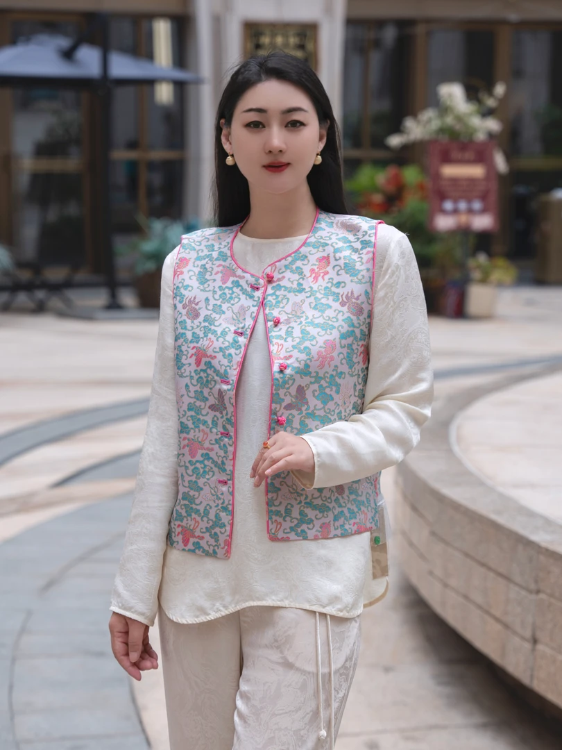 【子馨】新中式国风双面双穿时尚气质宋锦桑蚕丝女装马甲HF-4184