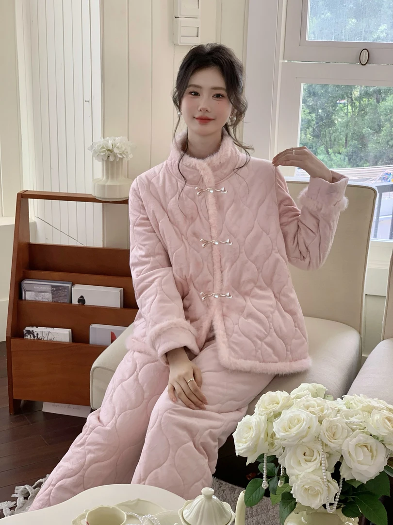 【竹桃】新中式夹棉厚绒冬款两件套家居服显白可外穿睡衣套装女保暖
