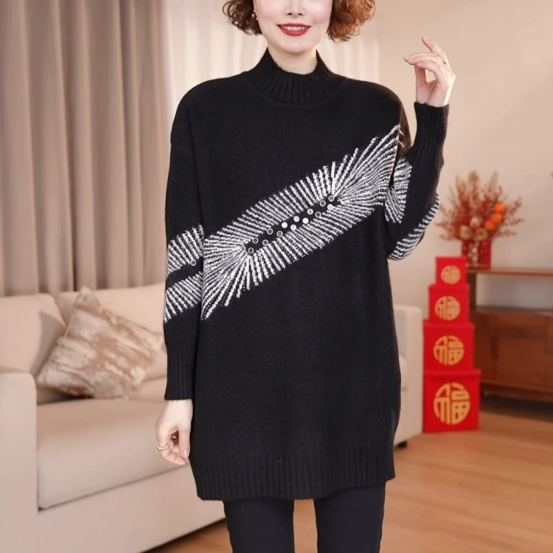 洋气时尚毛衣女秋冬季休闲大码中长款遮肚显瘦针织上衣