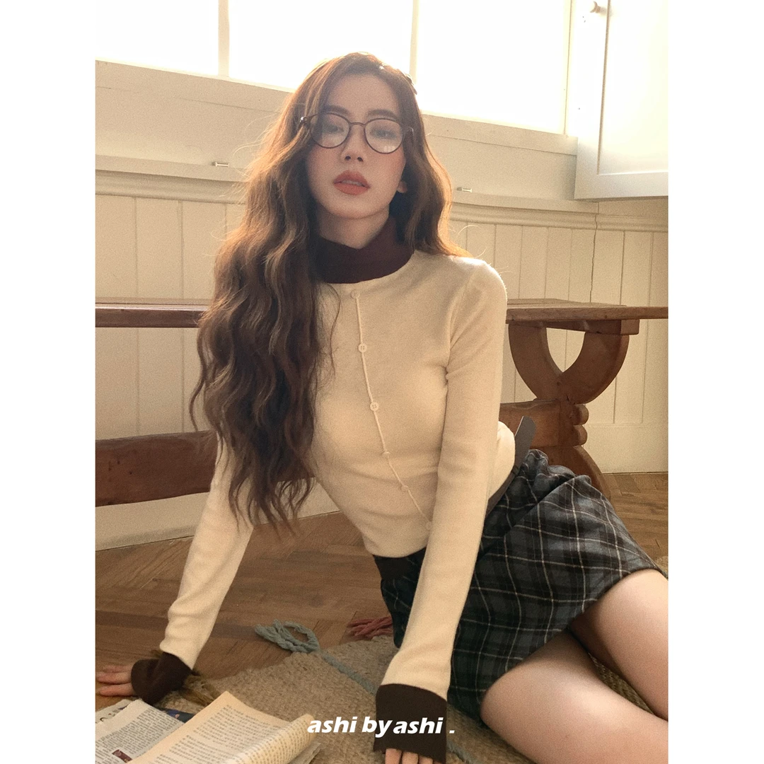 大于诗集 色彩公式 撞色显瘦高领针织衫女撞色百搭打底衫冬