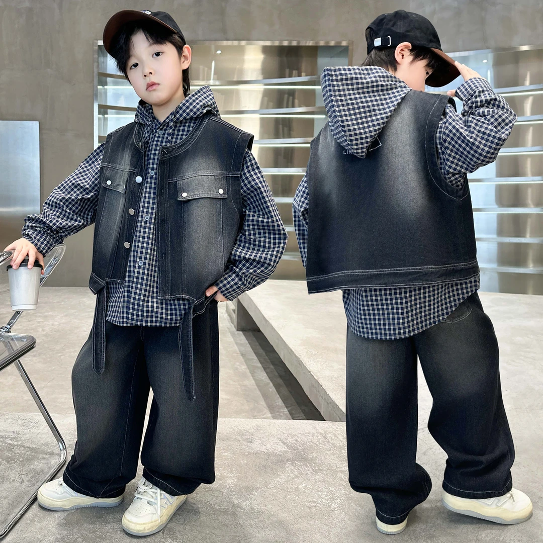 男童春秋款套装儿童条纹牛仔三件套帅气百搭中大童男孩秋装潮衣服