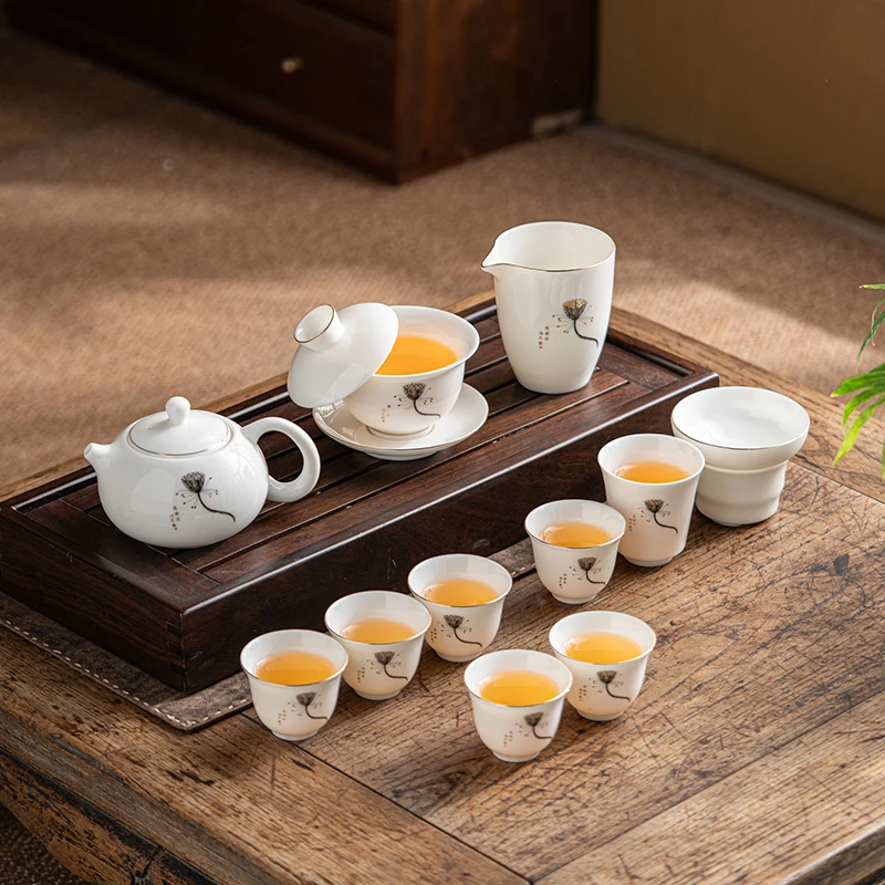 【御瓷斋】高档羊脂玉瓷水墨莲蓬白瓷茶壶整套功夫茶具套装家用泡茶