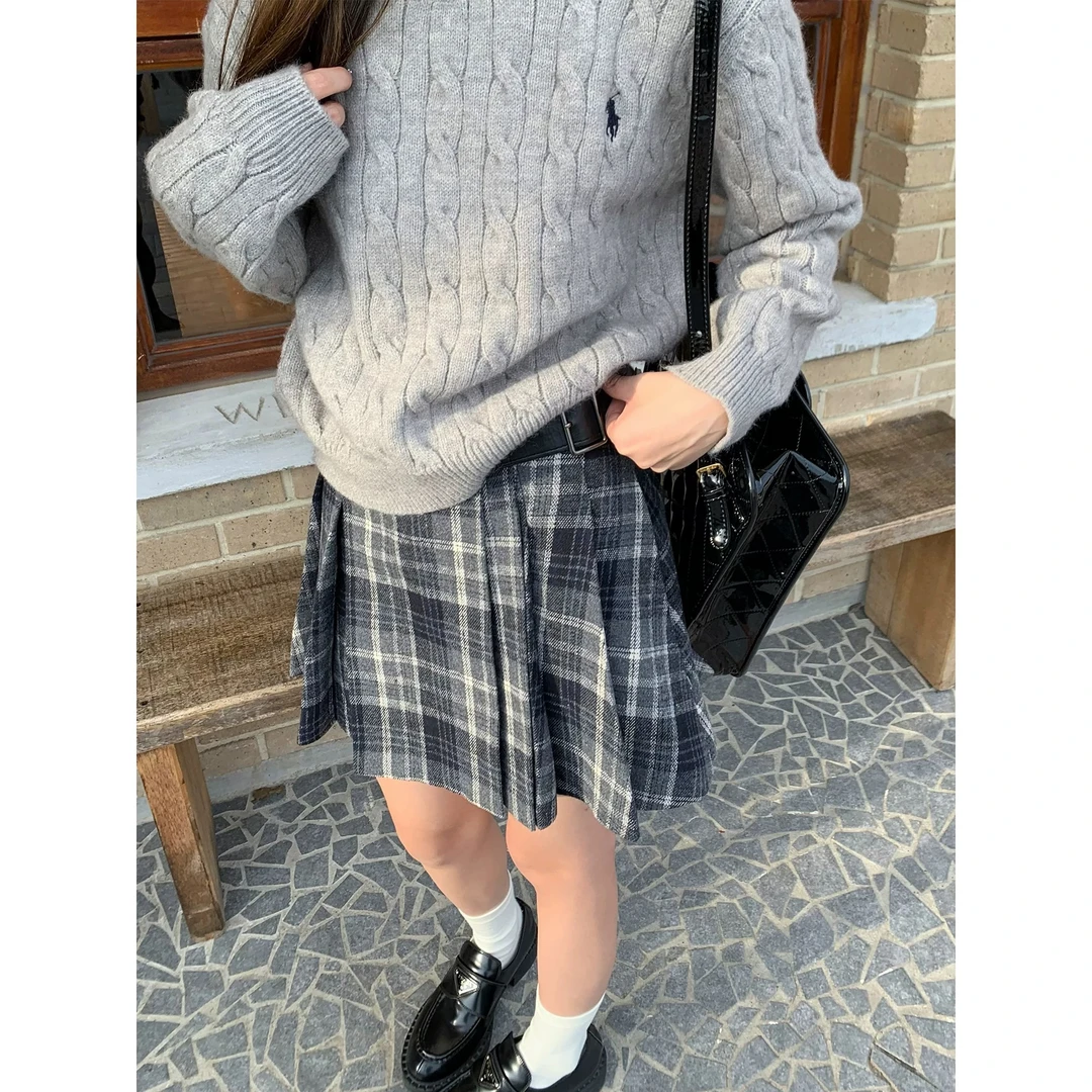 灰灰呀！格兰系列 格纹高腰高腰A字格子百褶半身裙