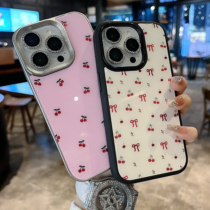 适用苹果系列iPhone16新款手机壳时尚个性粉底小樱桃半包大孔透气