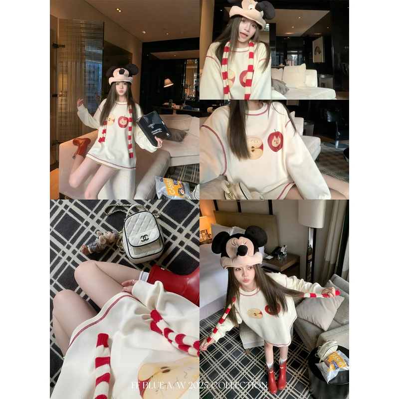 FF BLUE 糖心红富士 65北极棉牛奶丝苹果插画秋冬卫衣落肩袖上衣