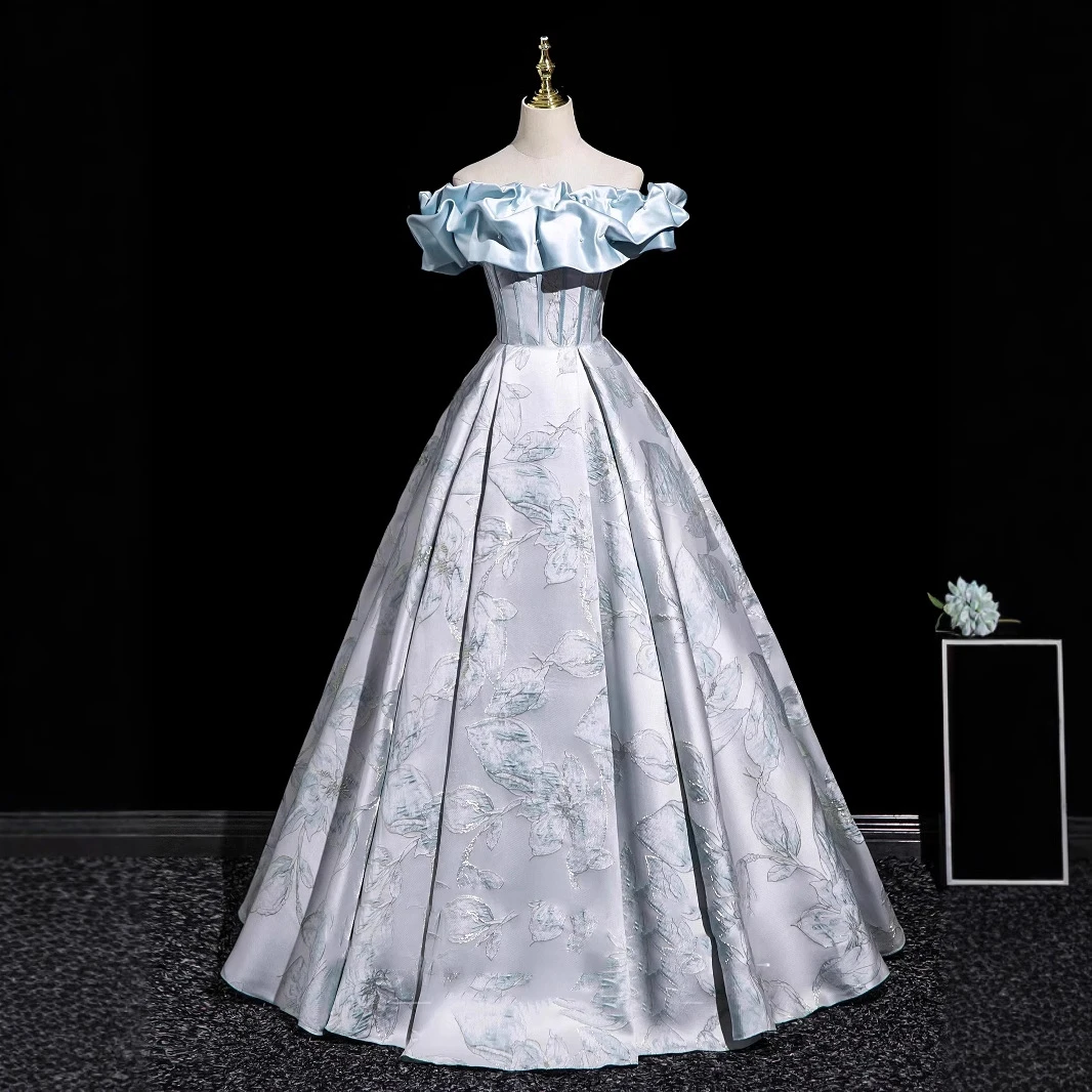 蓝色一字肩成人礼晚礼服裙学生艺考蓬蓬裙公主裙高中生毕业礼服