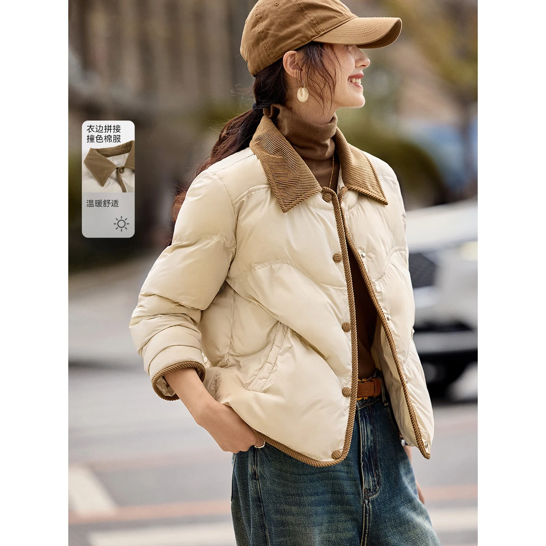 沫晗依美【撞色灯芯绒拼接百搭短款棉服】25年秋冬女衬衫式棉衣外套