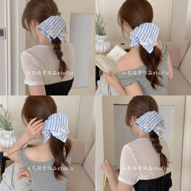 韩国发饰2025新款蓝色条纹蕾丝花边芭蕾风方巾发圈大肠圈头饰头绳