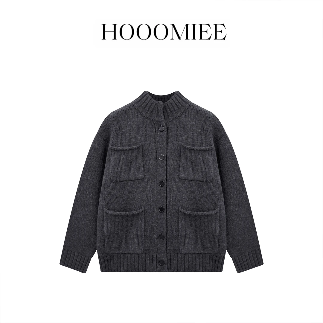 Hooomiee 复古经典 4口袋羊驼绒高领长袖女士开衫上衣HSZ25036