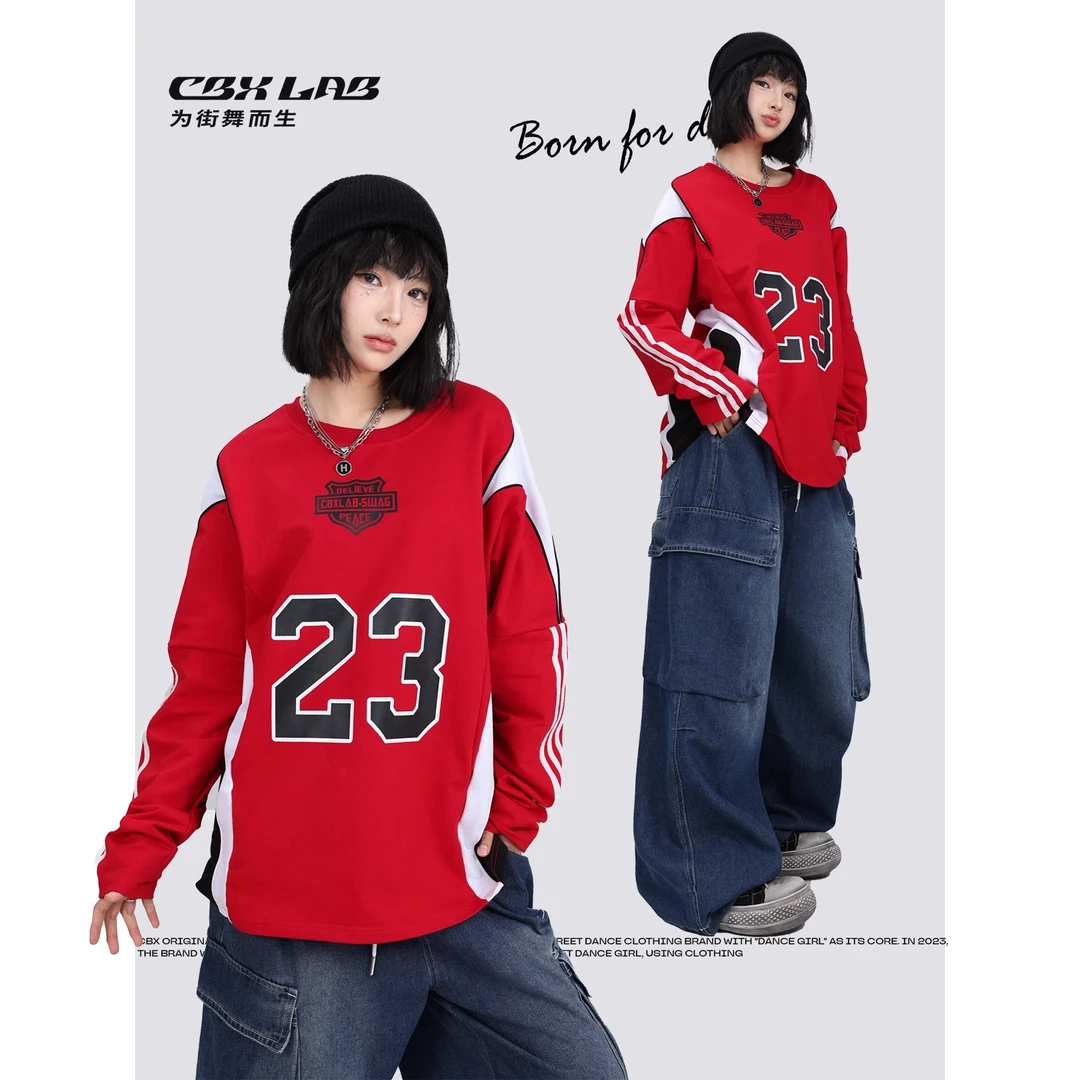 CBXLAB街舞潮牌活力学院风球服上衣红色宽松时尚秋季拼接长袖