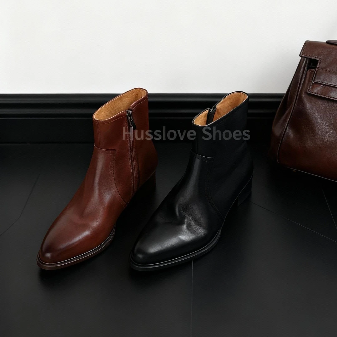 HUSSLOVE 头层牛皮·跟高3/4.5CM·轻职风通勤百搭极简复古小短靴