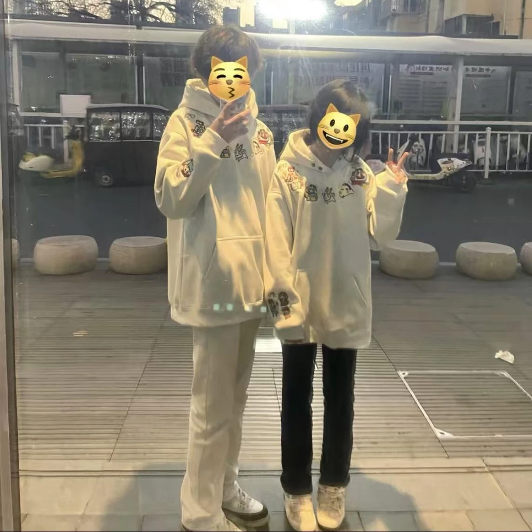美式重磅双纽扣刺绣连帽卫衣男2025春季加绒蜡笔美式刺绣德绒卫衣