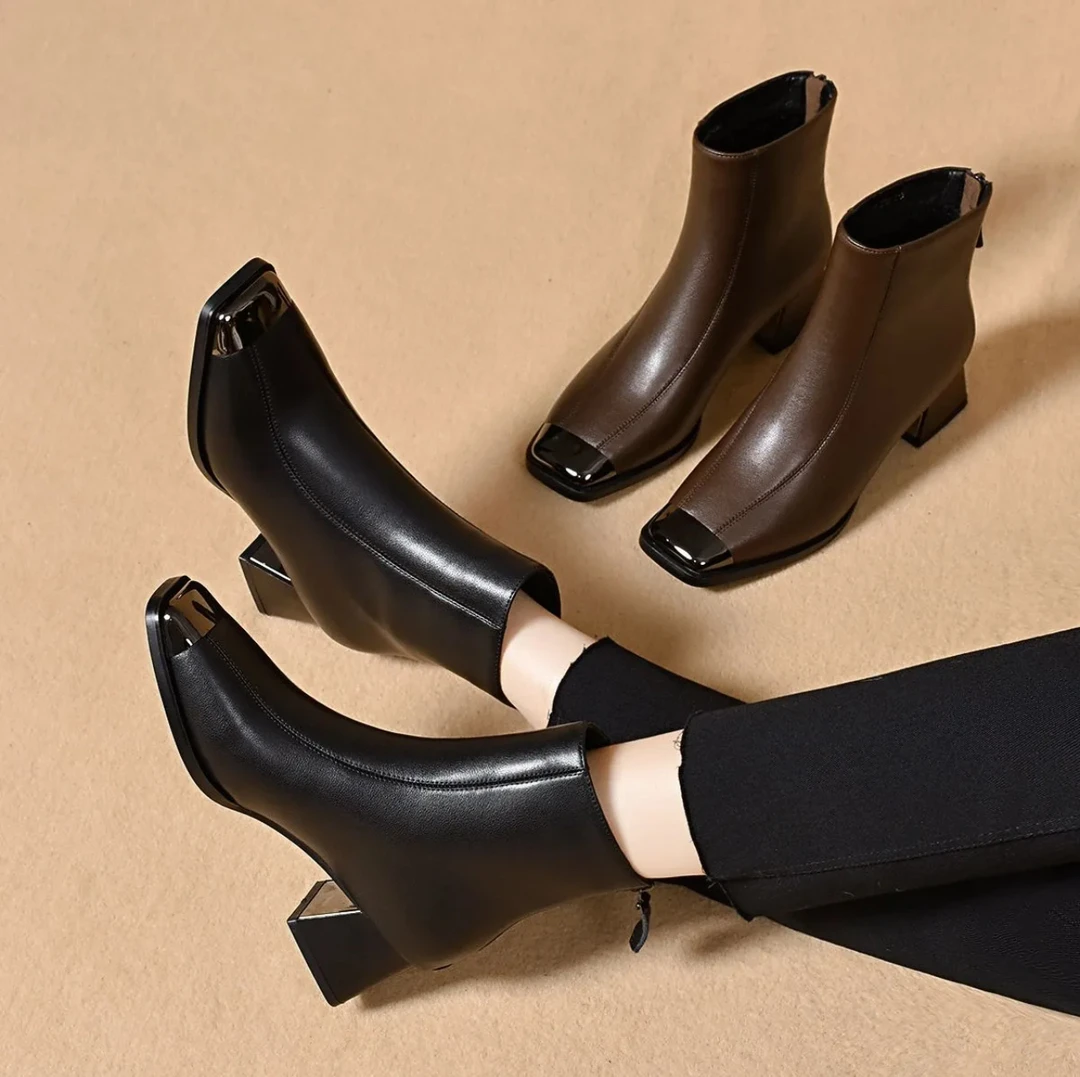 方头英伦风女靴粗跟法式小短靴瘦瘦靴4公分6公分牛皮切尔西小裸靴