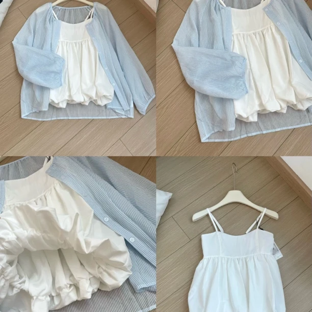 “海盐气泡” 清新蓝白控必入！蓝色条纹开衫搭云朵感花苞吊带