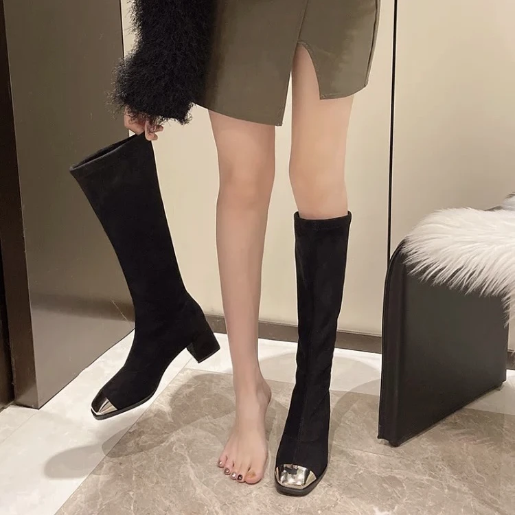 新疆包邮-2519-1#方头长靴（跟高约5cm）带薄绒