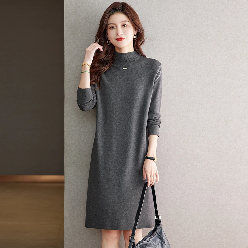 纯色中长款半高领女士针织衫套头打底衫2024年新款秋冬新款毛衣裙