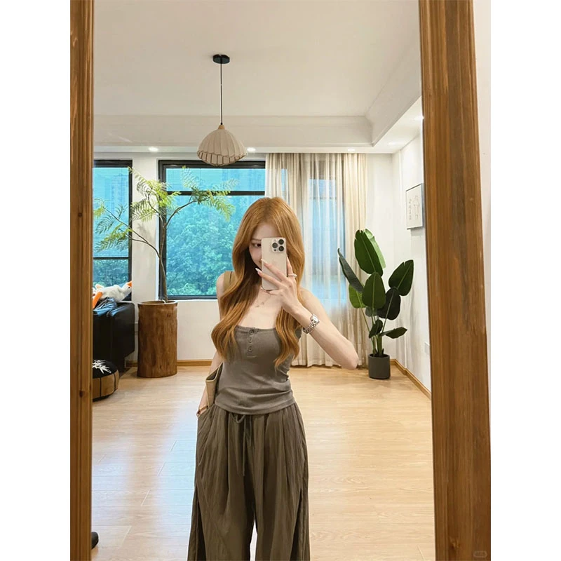 美式辣妹风修身吊带背心宽松拖地休闲裤2025夏季新款时尚两件套女