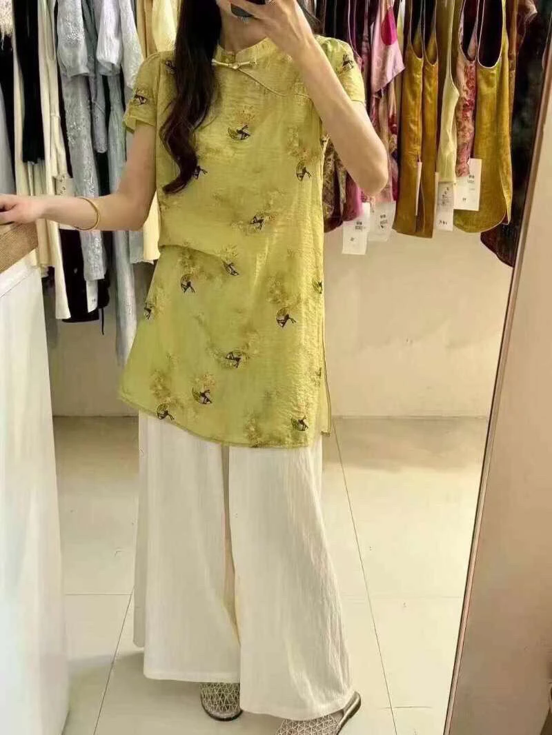 新中式盘扣旗袍上衣+阔腿裤两件套女欧货2025年夏季新款时尚套装