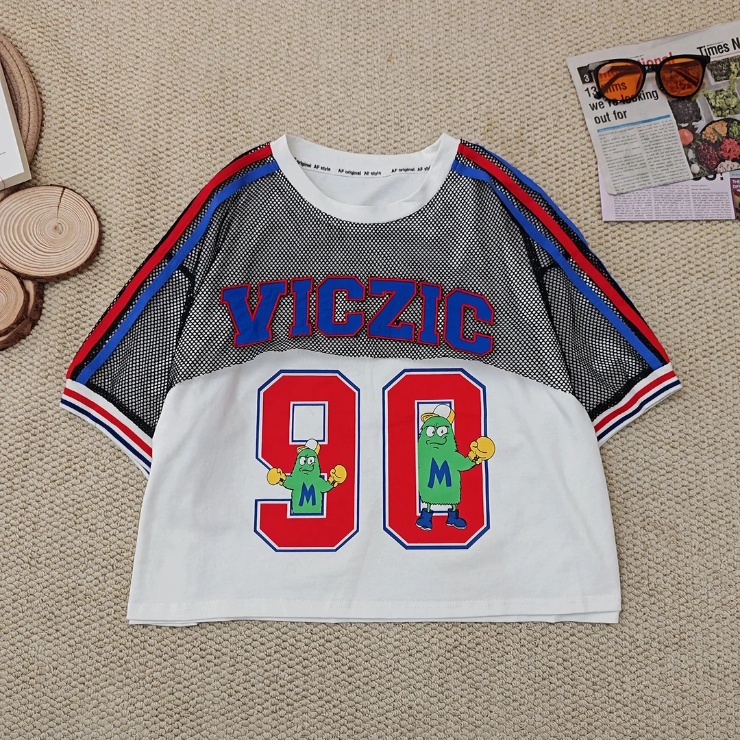 2025夏季新款宽松百搭字母数字刺绣网纱镂空网眼短袖T恤2122