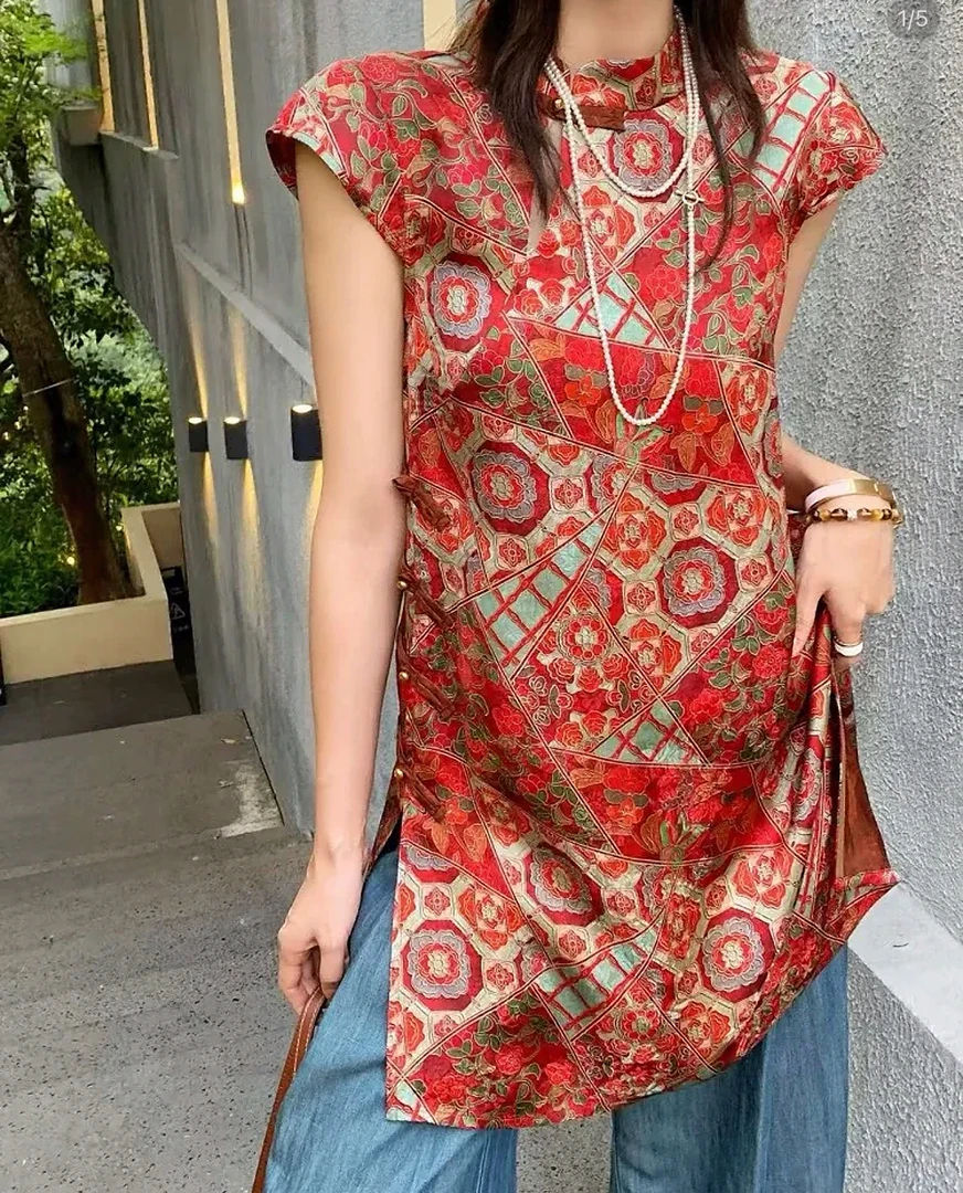 8019款百花盛放  新中式夏季新款高端时尚中长上衣