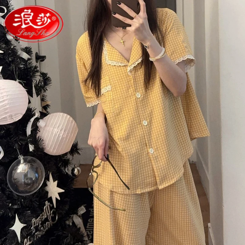 浪莎黄色格子睡衣女套装纯棉短袖长裤韩版ins甜美夏天家居服