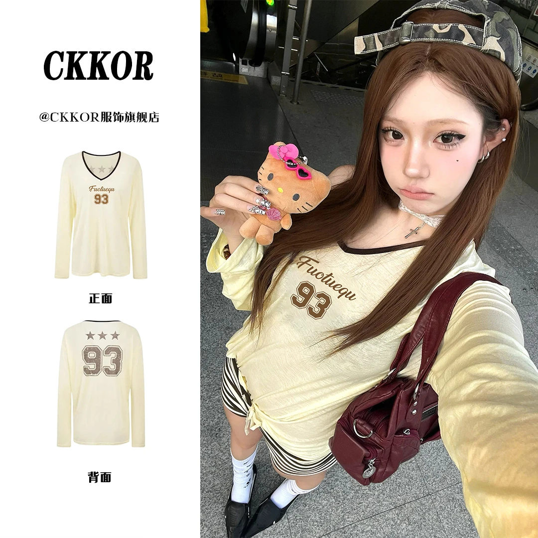 CKKOR防晒V领性感风长袖t恤女街头百搭显瘦夏季新款套头罩衫上衣