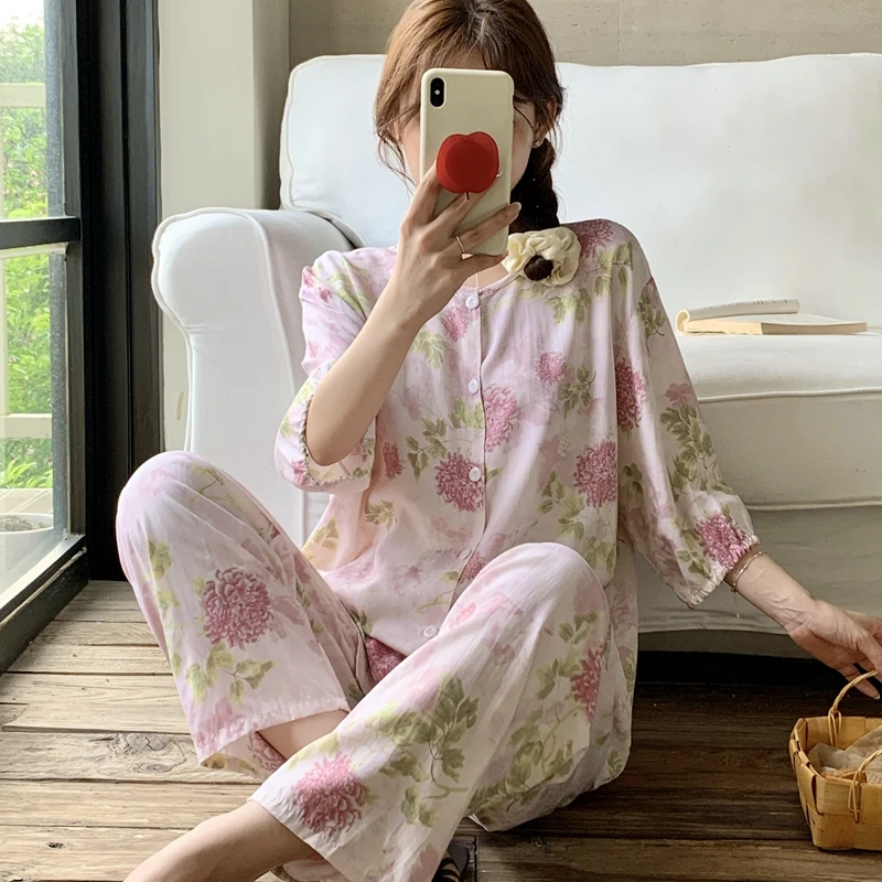 棉绸睡衣女夏短袖长裤春秋绵绸妈妈家居服人造棉套装大码外穿超火