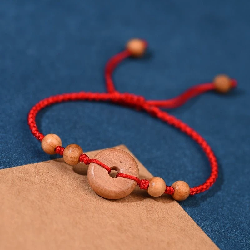 非金属布艺脚链 手工编织桃木平安扣红绳脚链古风民族风可调节