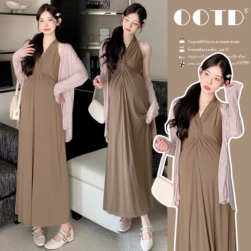 孕妇装法式挂脖吊带连衣裙夏季2025新款气质套装长裙