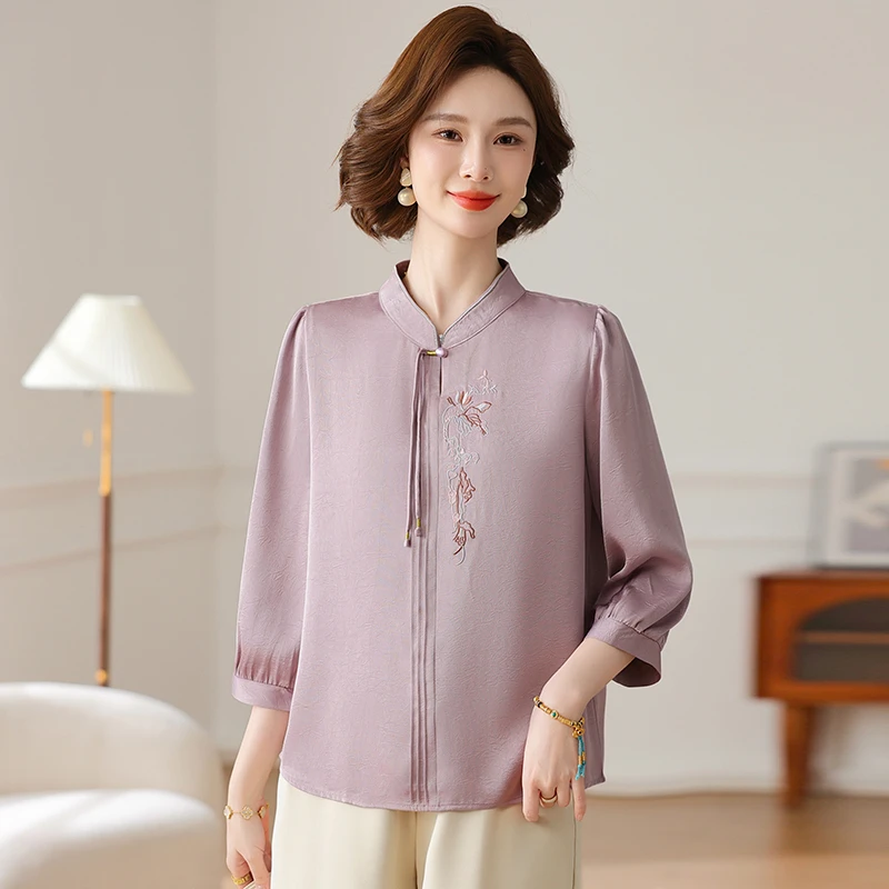 时尚中年妈妈夏装中袖新中式T恤上衣中老年女装夏季洋气小衫新款