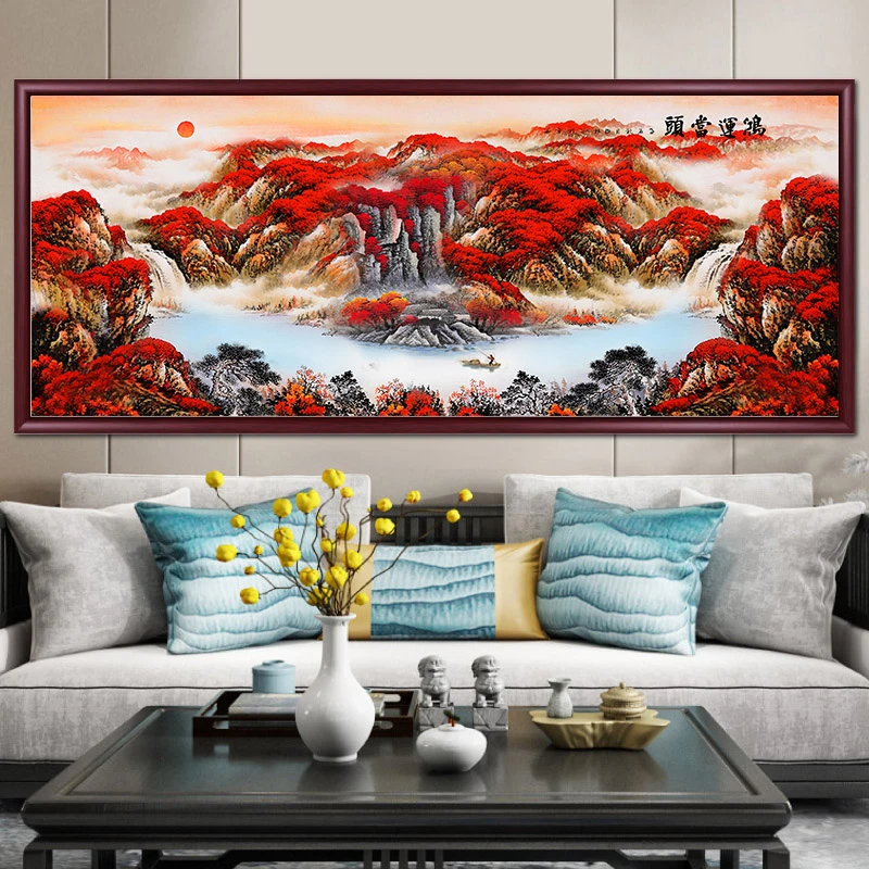鸿运当头十字绣聚宝盆山水画客厅沙发背景办公室书房装饰挂画2140