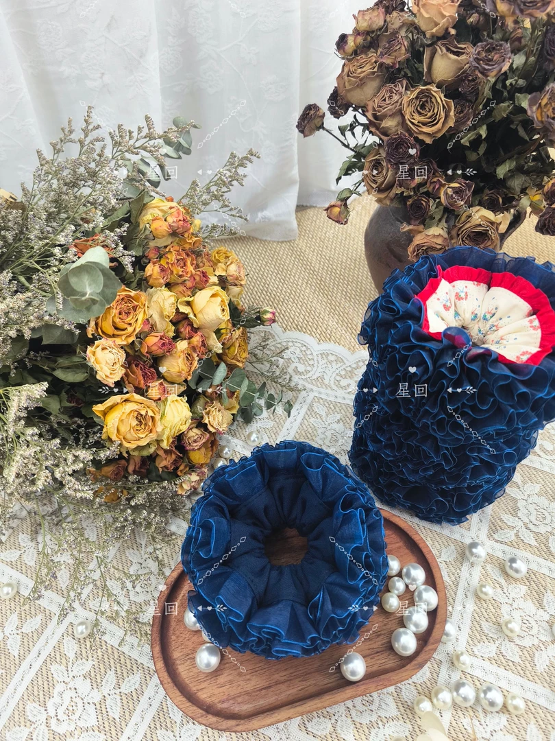 深蓝色四层饱满发圈冬季手工头饰实物实图