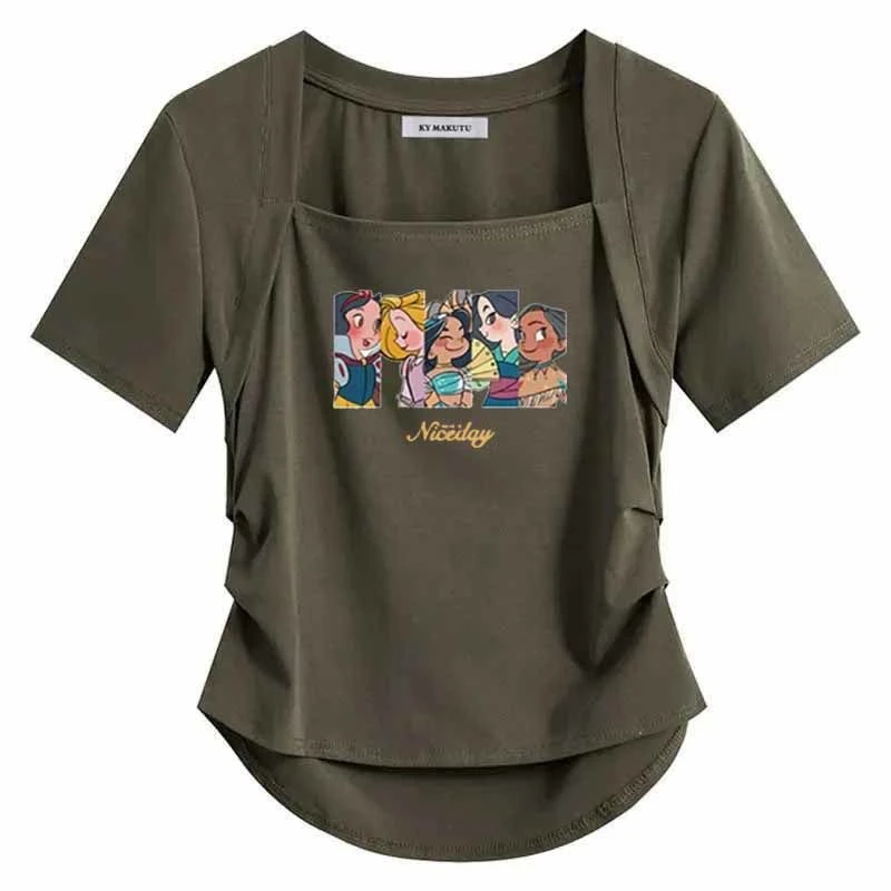 大码女装夏季新款美式辣妹褶皱方领短袖t恤设计感小众修身上衣ins