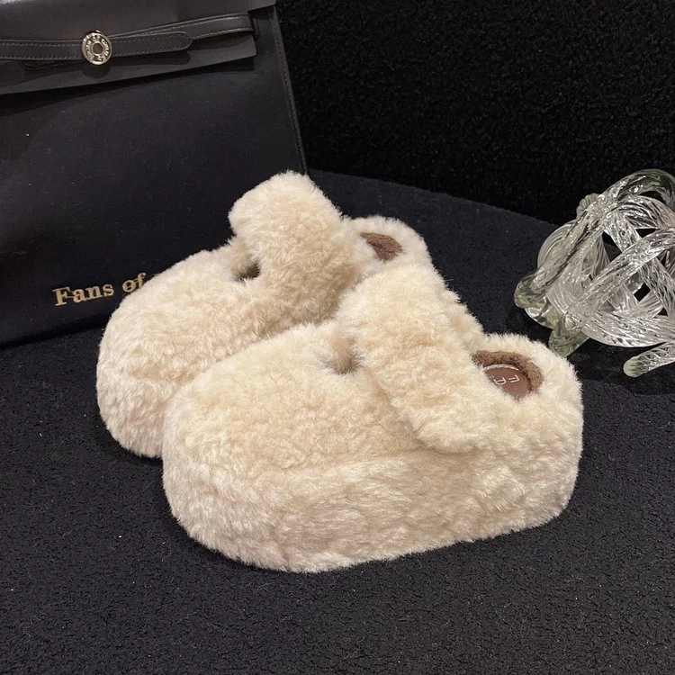 高级感厚底毛茸茸加绒松糕拖鞋女2025秋冬新款外穿包头保暖棉半拖