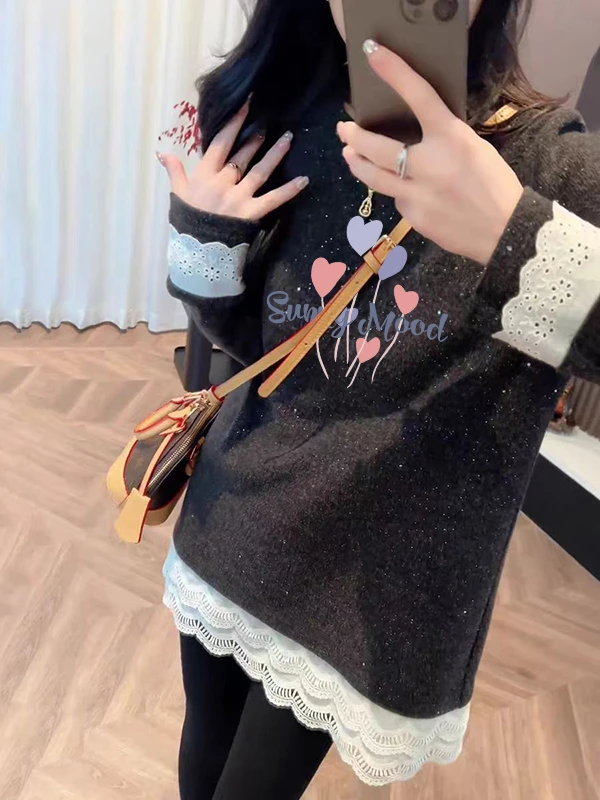 中长款遮屁股打底衫假两件蕾丝花边拼接细闪磨毛T恤女冬新款上衣