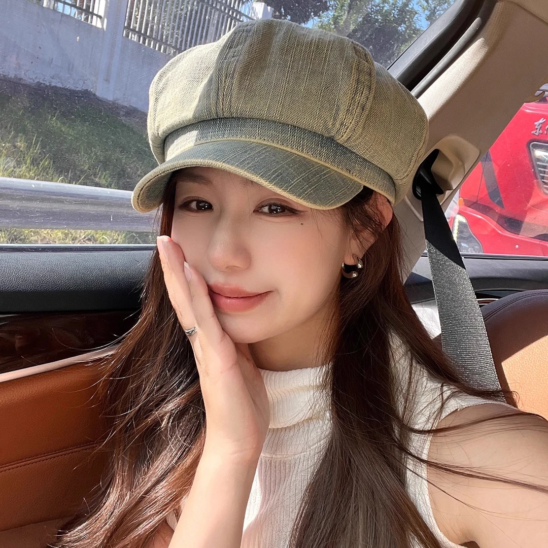 牛仔八角帽女秋帽子大头围大脸显脸小适合方圆脸贝雷帽云朵报童帽