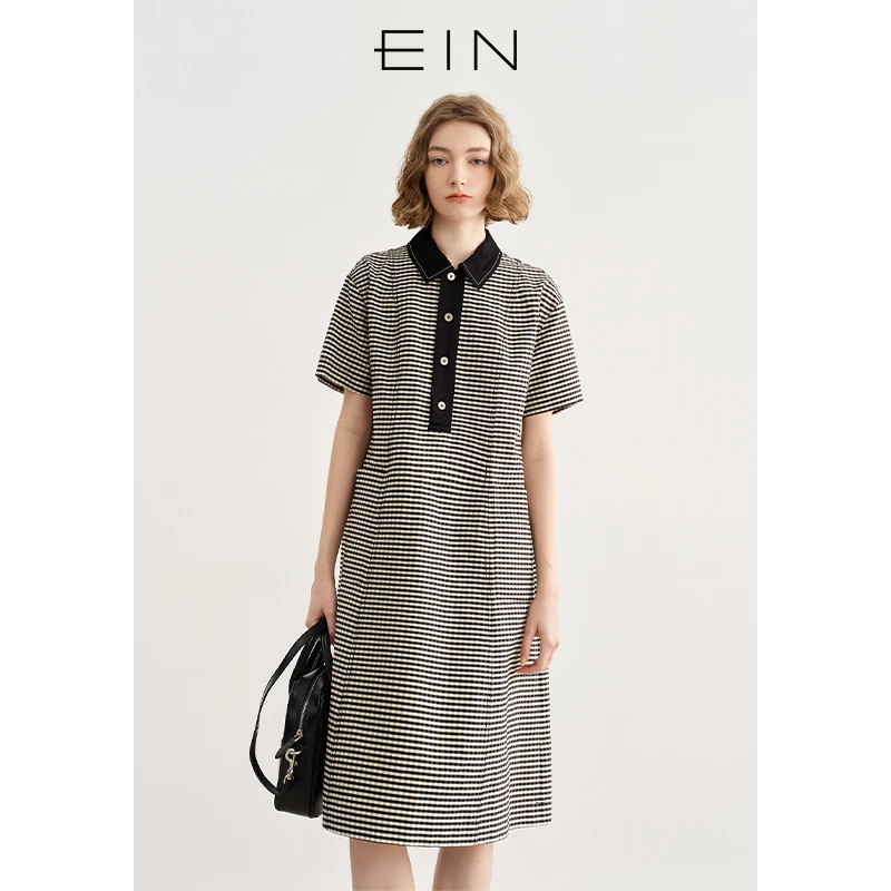 EIN/言学院风格纹丝棉撞料拼接翻领文艺短袖连衣裙2025春夏新款