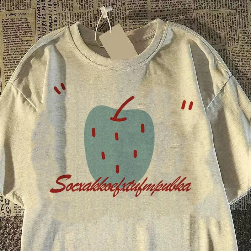 趣味苹果特大码t恤女夏季重磅短袖花灰色正肩半袖韩系慵懒ins上衣