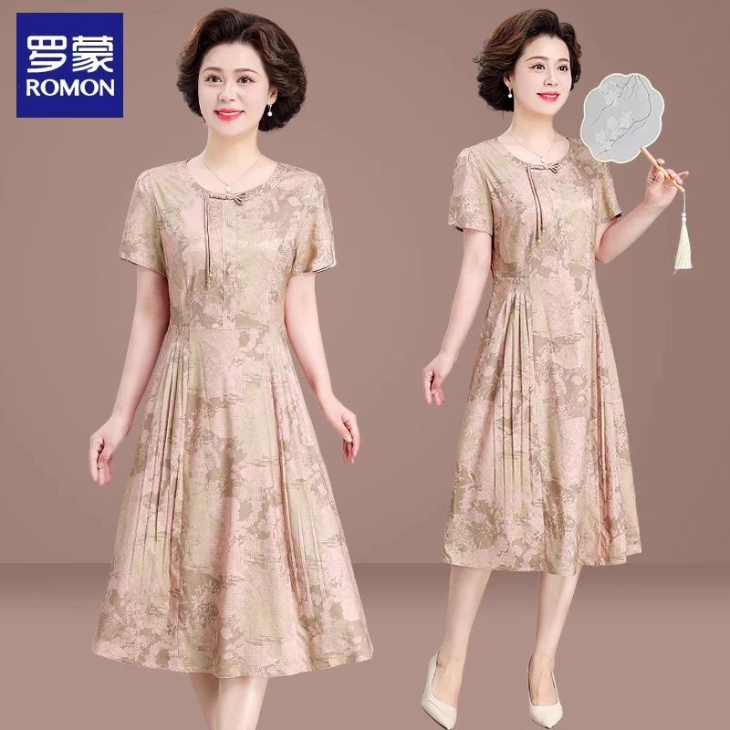 罗蒙新中式妈妈裙子中老年女装夏装碎花雪纺长裙贵夫人夏季连衣裙