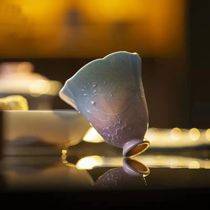 伴斤好物   手绘有田烧鲸鱼花口杯高足家用梦幻渐变紫CZB3528